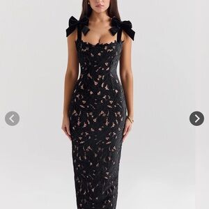 Black Lace Midi Dress with Bow Shoulder Straps